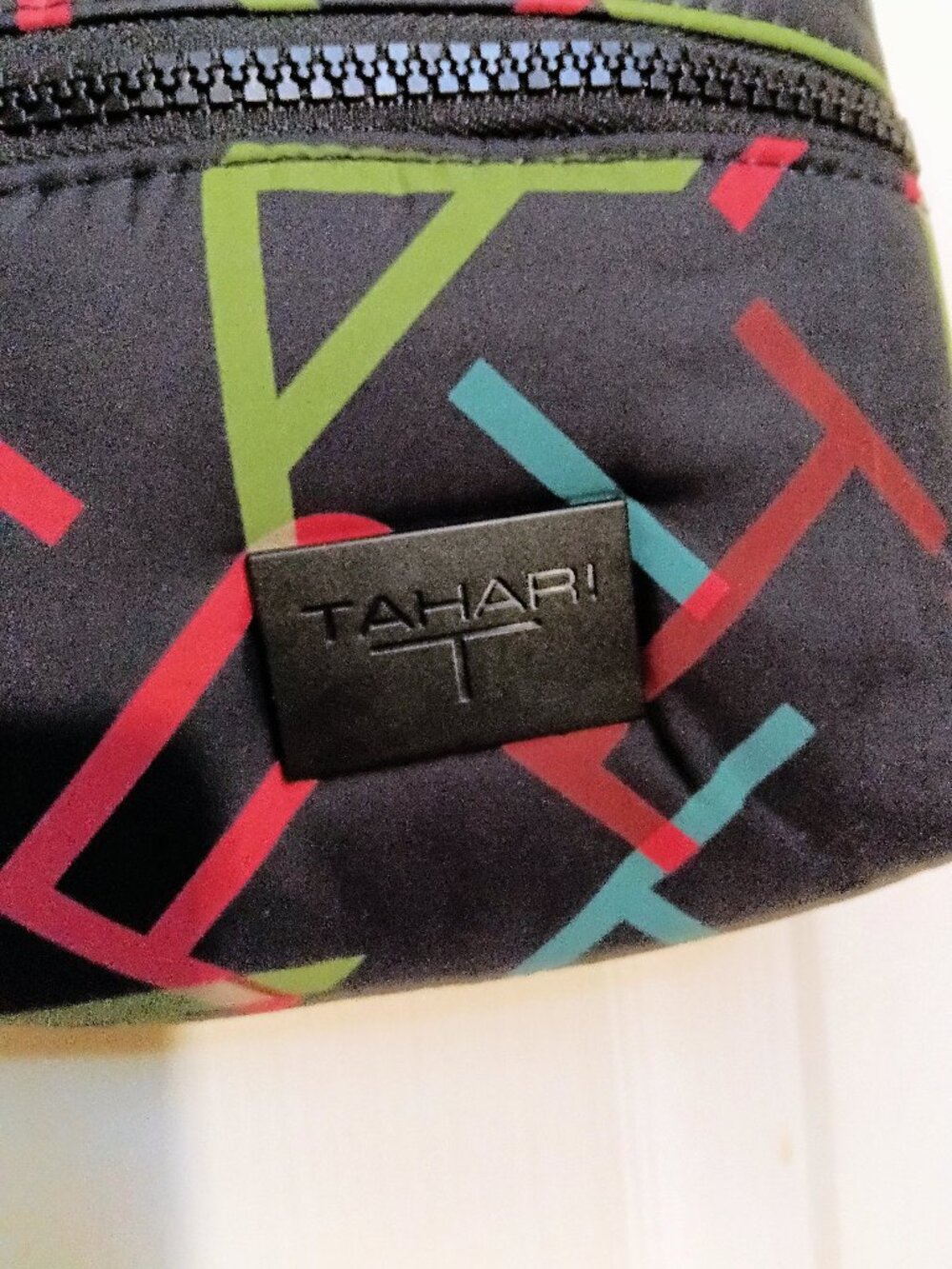 Tahari Triple Zip Crossbody Bag - Black Geometric Print - Picture 3 of 8